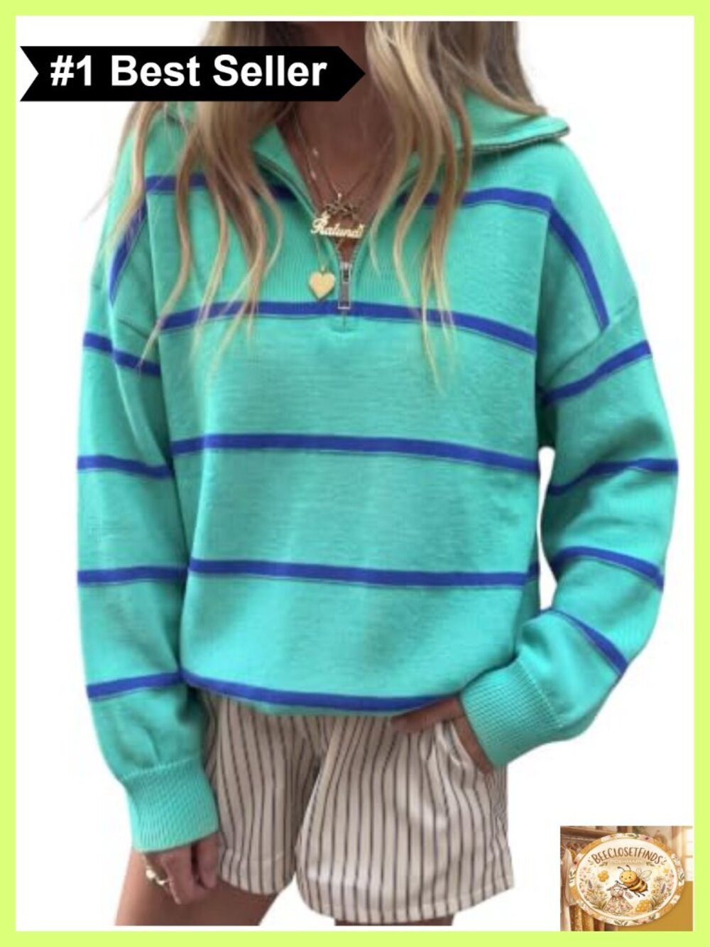 Quarter Zip Striped Sweater Oversized Turtleneck Pullover Top